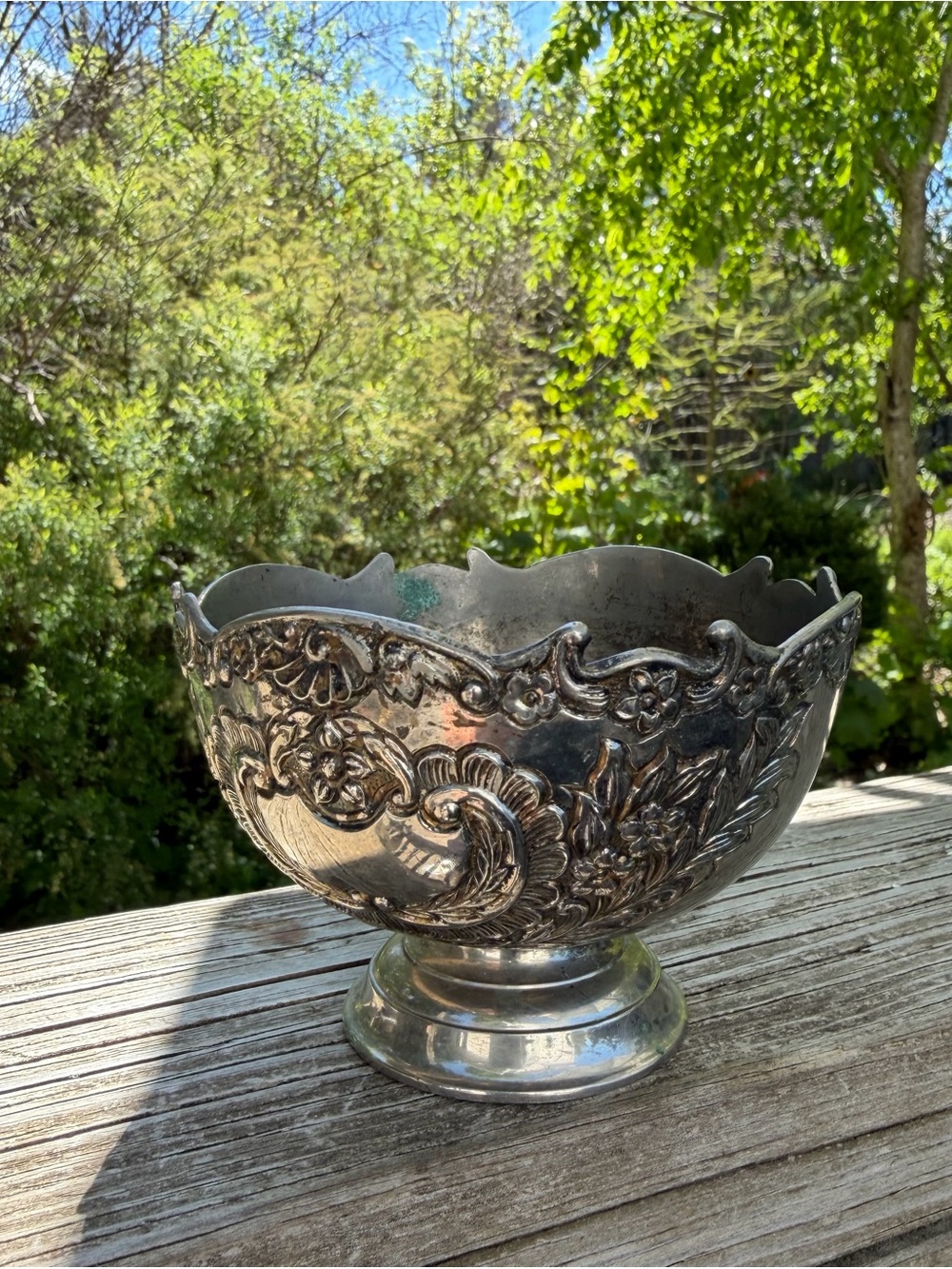 F B Rogers Silver Plate Pedestal Bowl As Is Old Patina 3.25” Ht X 4.25” Across